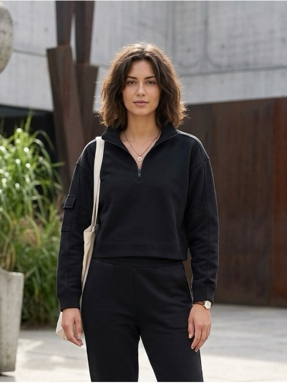 Athleta Black Half-Zip Crop Sweatshirt Size S